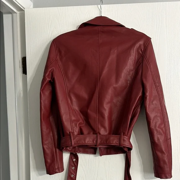 Red Leather Moto Jacket with Asymmetrical Zipper and Belted Waist - Picture 3 of 3